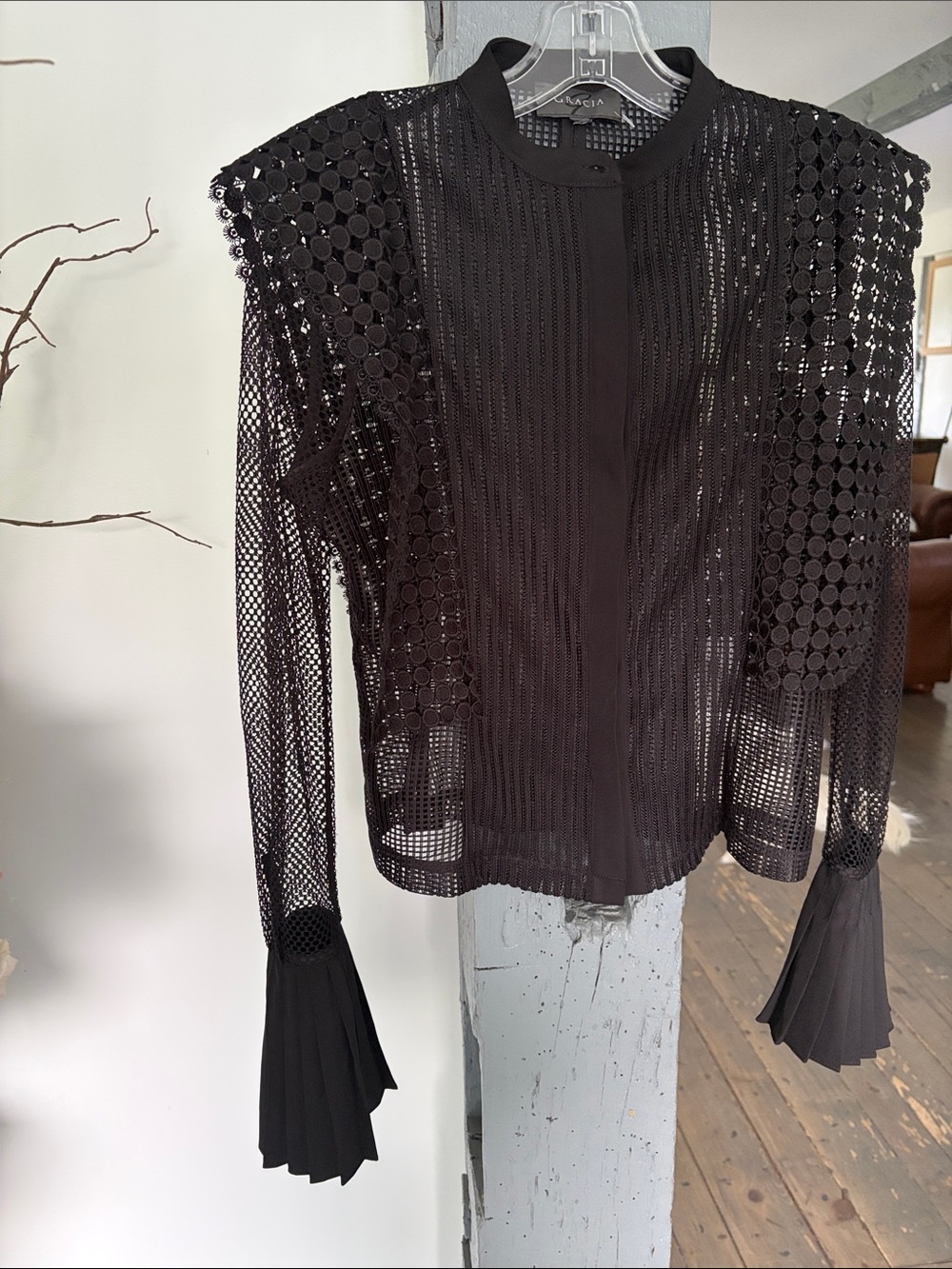 Black Lace Mesh Long-Sleeve Top with Pleated Cuffs BY GARCIA gorgeous peace